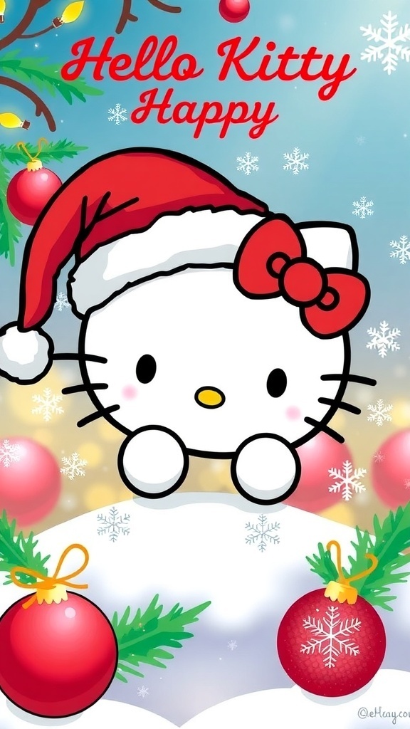 Hello Kitty Christmas Card Design Hello Kitty Christmas card with Santa hat, snowflakes, and ornaments.